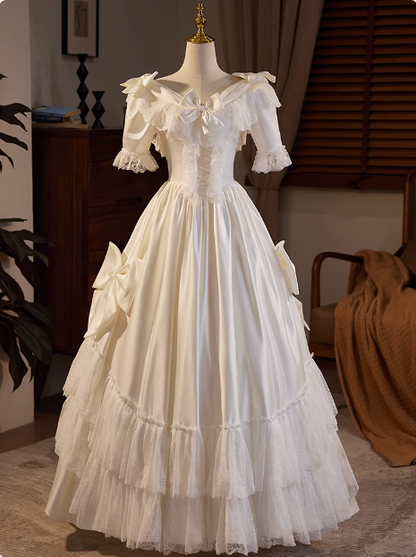 French Retro Short Sleeve Bow Satin Lace Wedding Dress P2623