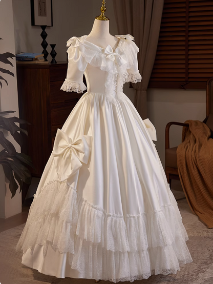 French Retro Short Sleeve Bow Satin Lace Wedding Dress P2623