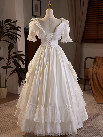 French Retro Short Sleeve Bow Satin Lace Wedding Dress P2623