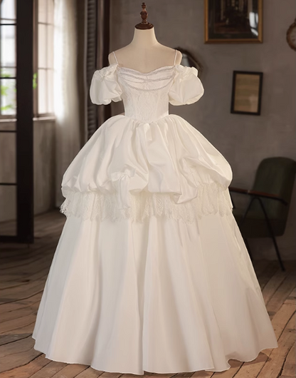 Elegant White Strap Vintage Puff Sleeve Satin Wedding Dress P2624