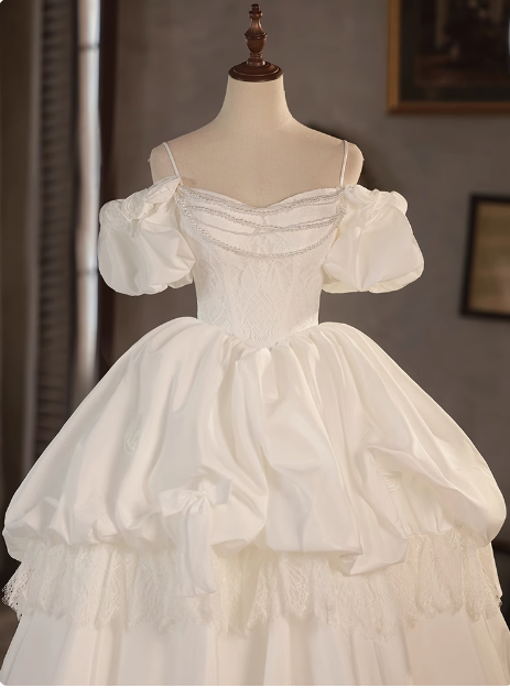 Elegant White Strap Vintage Puff Sleeve Satin Wedding Dress P2624