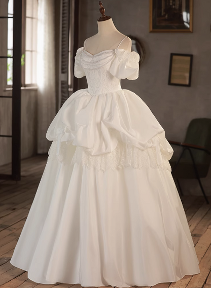 Elegant White Strap Vintage Puff Sleeve Satin Wedding Dress P2624