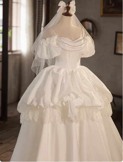 Elegant White Strap Vintage Puff Sleeve Satin Wedding Dress P2624