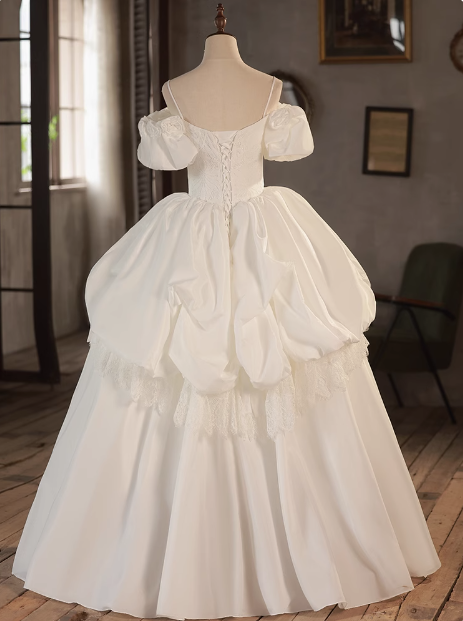 Elegant White Strap Vintage Puff Sleeve Satin Wedding Dress P2624