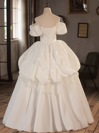 Elegant White Strap Vintage Puff Sleeve Satin Wedding Dress P2624