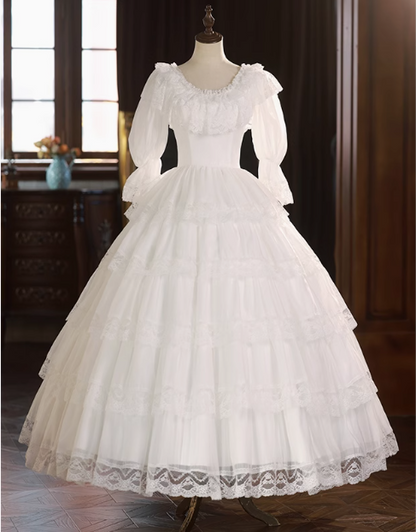 Vintage Lace Round Neck Princess Long Sleeve A-Line Wedding Dress P2625