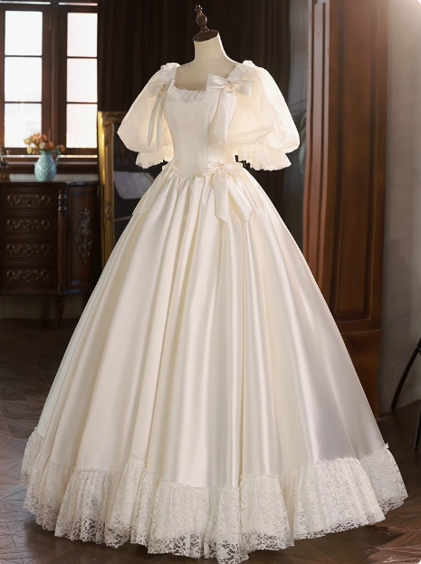 French Princess Puff Sleeve Satin Lace Tutu Wedding Dress P2626