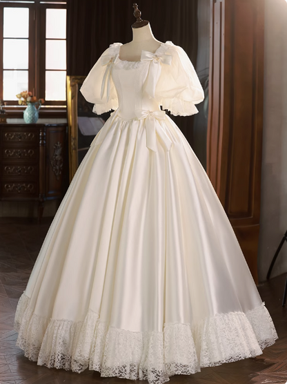 French Princess Puff Sleeve Satin Lace Tutu Wedding Dress P2626