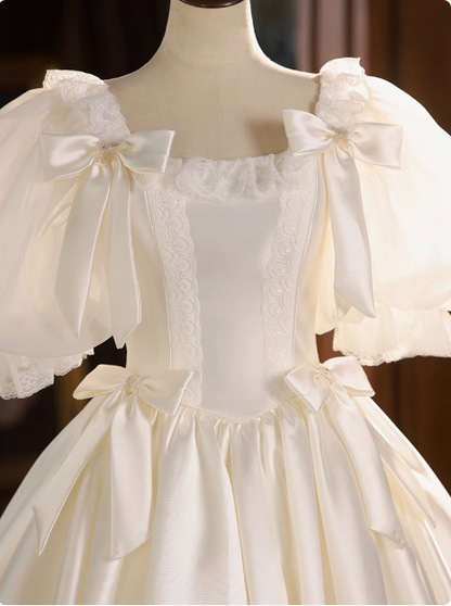 French Princess Puff Sleeve Satin Lace Tutu Wedding Dress P2626