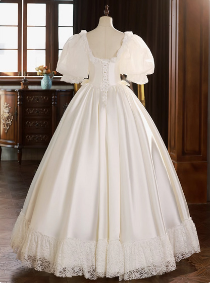French Princess Puff Sleeve Satin Lace Tutu Wedding Dress P2626