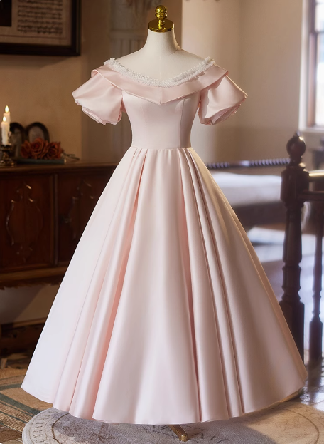 Princess Pink Satin Short Sleeve A-Line Wedding Dress P2627