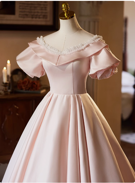 Princess Pink Satin Short Sleeve A-Line Wedding Dress P2627