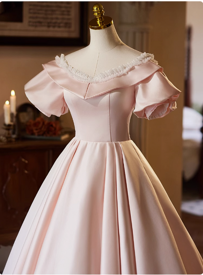 Princess Pink Satin Short Sleeve A-Line Wedding Dress P2627