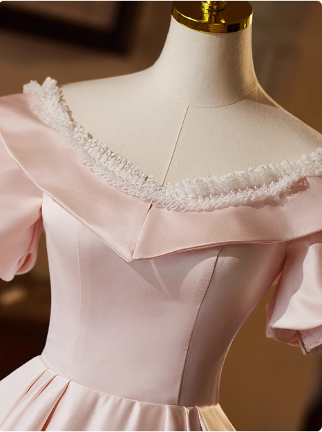 Princess Pink Satin Short Sleeve A-Line Wedding Dress P2627