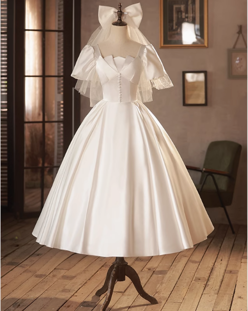 French White Satin Short Sleeve Tea Length A-Line Wedding Dress P2629