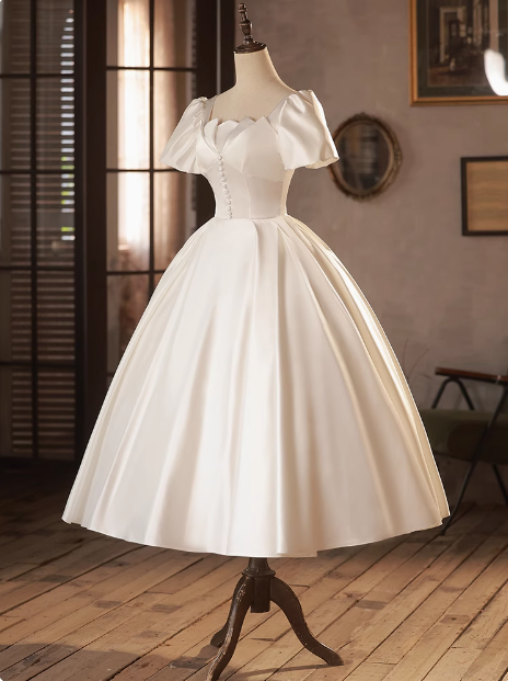 French White Satin Short Sleeve Tea Length A-Line Wedding Dress P2629