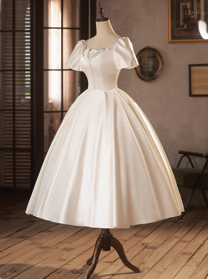 French White Satin Short Sleeve Tea Length A-Line Wedding Dress P2629