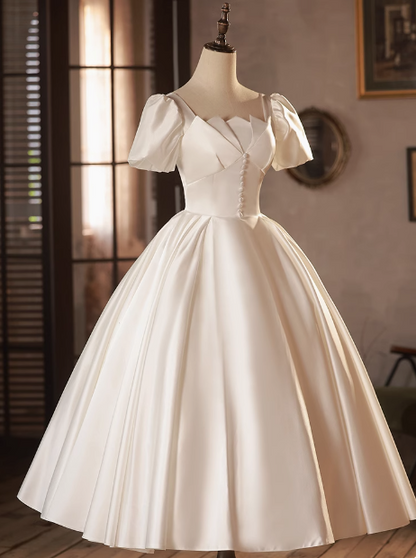 French White Satin Short Sleeve Tea Length A-Line Wedding Dress P2629
