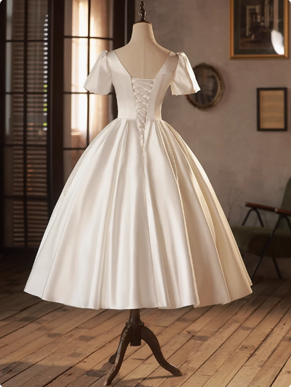 French White Satin Short Sleeve Tea Length A-Line Wedding Dress P2629
