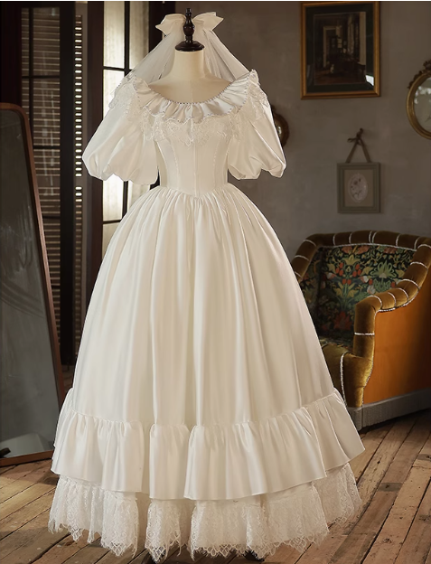 Elegant French White Satin Puff Sleeve Lace Floor Length Wedding Dress P2630