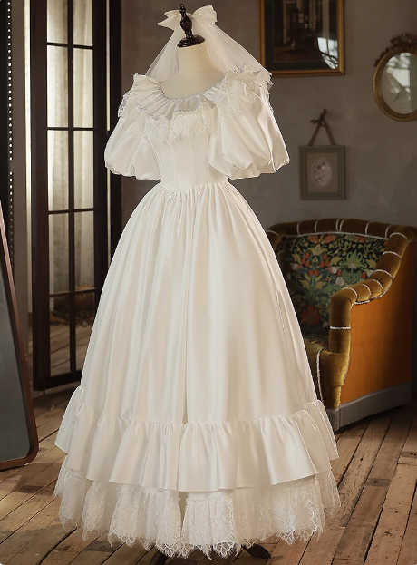 Elegant French White Satin Puff Sleeve Lace Floor Length Wedding Dress P2630