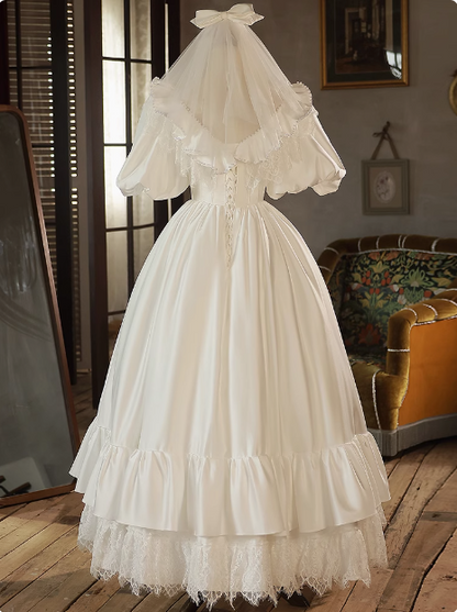 Elegant French White Satin Puff Sleeve Lace Floor Length Wedding Dress P2630