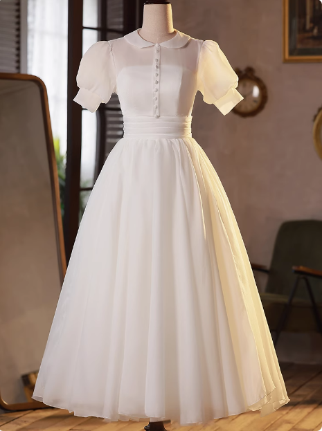 Sweet White Short Sleeve Puffy Tulle A-Line Wedding Dress P2631