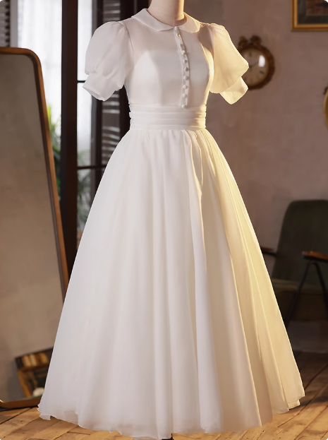 Sweet White Short Sleeve Puffy Tulle A-Line Wedding Dress P2631