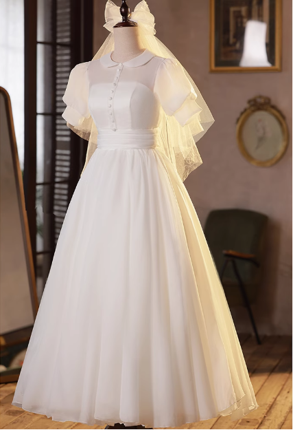 Sweet White Short Sleeve Puffy Tulle A-Line Wedding Dress P2631