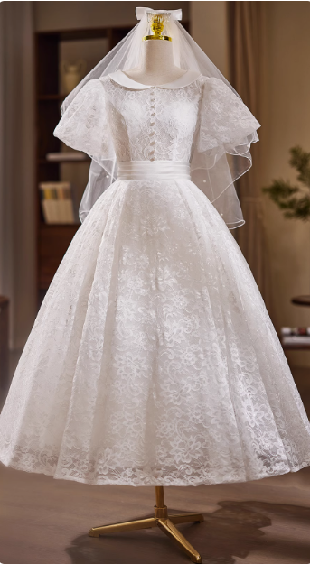 Vintage White Short Sleeve Lace Tea Length A-Line Wedding Dress P2632