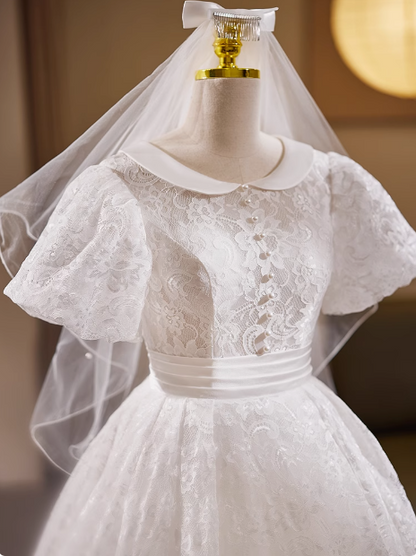 Vintage White Short Sleeve Lace Tea Length A-Line Wedding Dress P2632