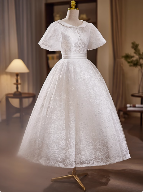 Vintage White Short Sleeve Lace Tea Length A-Line Wedding Dress P2632