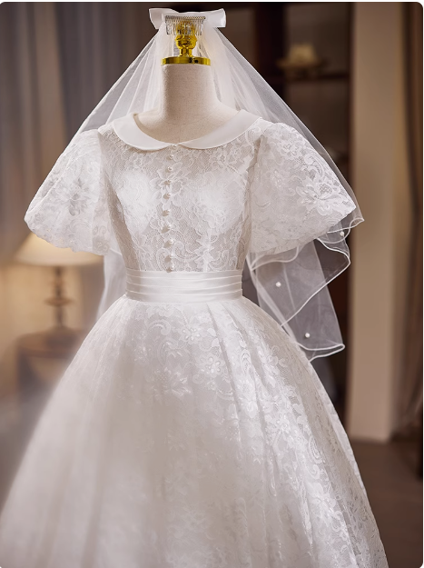 Vintage White Short Sleeve Lace Tea Length A-Line Wedding Dress P2632