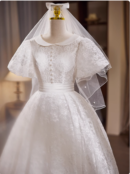 Vintage White Short Sleeve Lace Tea Length A-Line Wedding Dress P2632