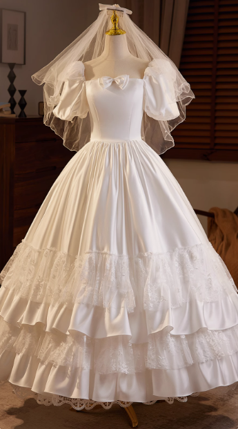 Retro Princess Bow Puff Sleeve Satin Lace Floor Length A-Line Wedding Dress P2633