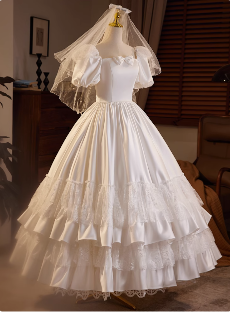 Retro Princess Bow Puff Sleeve Satin Lace Floor Length A-Line Wedding Dress P2633