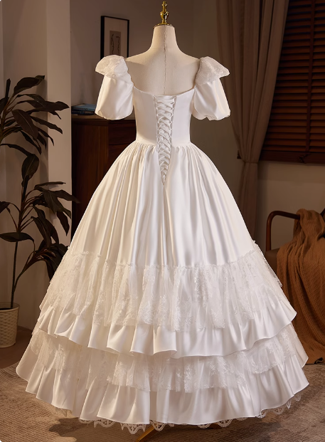 Retro Princess Bow Puff Sleeve Satin Lace Floor Length A-Line Wedding Dress P2633