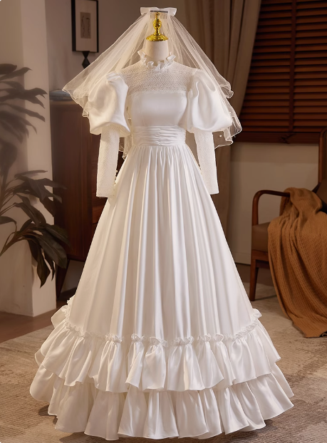 French Retro Long Sleeve Turtleneck Satin Floor Length A-Line Wedding Dress P2634
