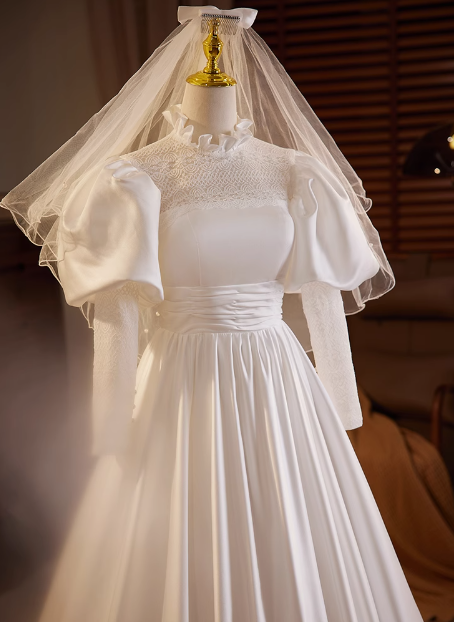 French Retro Long Sleeve Turtleneck Satin Floor Length A-Line Wedding Dress P2634