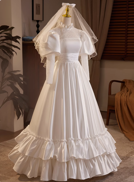 French Retro Long Sleeve Turtleneck Satin Floor Length A-Line Wedding Dress P2634