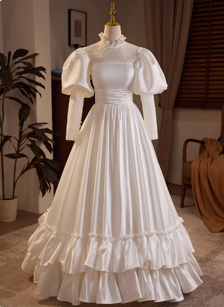 French Retro Long Sleeve Turtleneck Satin Floor Length A-Line Wedding Dress P2634