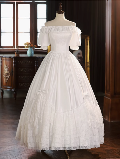 French One Shoulder Satin Layered Lace A-Line Wedding Dress P2636