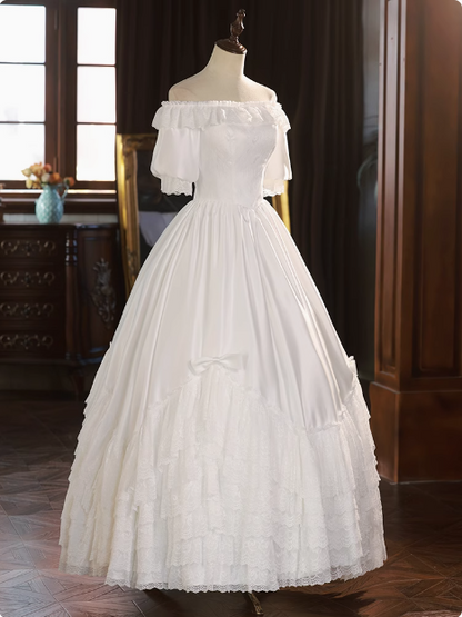 French One Shoulder Satin Layered Lace A-Line Wedding Dress P2636