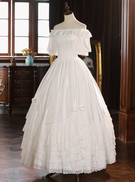 French One Shoulder Satin Layered Lace A-Line Wedding Dress P2636