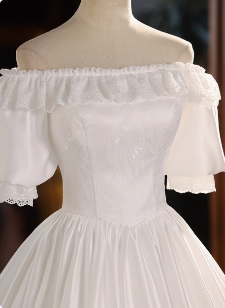 French One Shoulder Satin Layered Lace A-Line Wedding Dress P2636