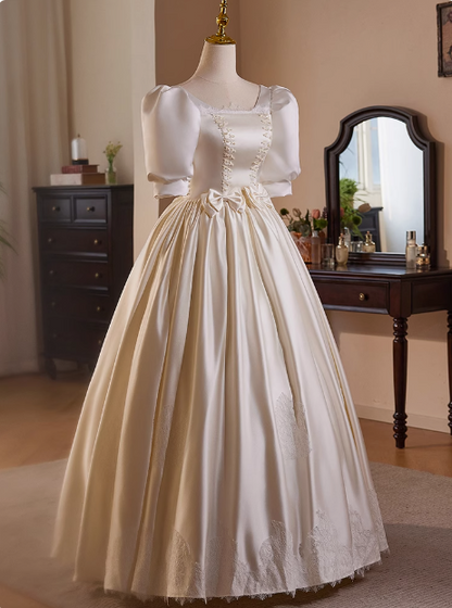 French Retro Lace Puffy Satin Short Sleeve Bowknot A-Line Wedding Dress P2637