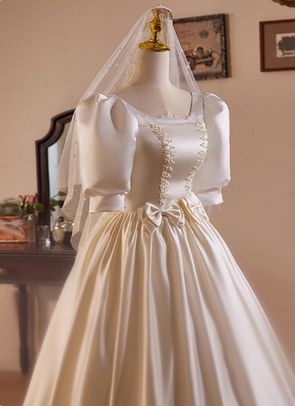 French Retro Lace Puffy Satin Short Sleeve Bowknot A-Line Wedding Dress P2637