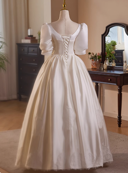 French Retro Lace Puffy Satin Short Sleeve Bowknot A-Line Wedding Dress P2637