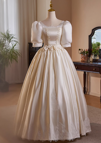 French Retro Lace Puffy Satin Short Sleeve Bowknot A-Line Wedding Dress P2637