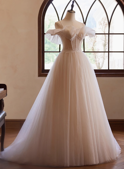 Elegant and flowing white strapless tulle beaded A-line wedding dress P2638